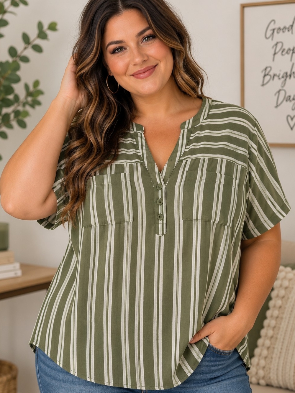 Torrid Harper Blouse Size 2 18/20 Olive Green Ivory Striped Short Sleeve